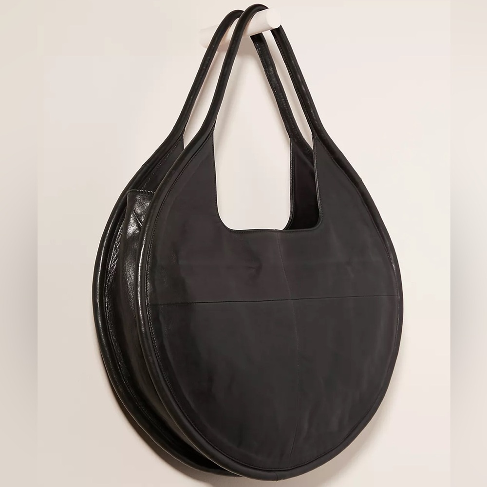 Circular Black Leather Tote Bag